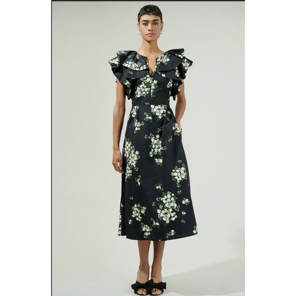 Sugarlips Floral Cotton Midi Dress Flutter Sleeve Black Size XL - Picture 2 of 9